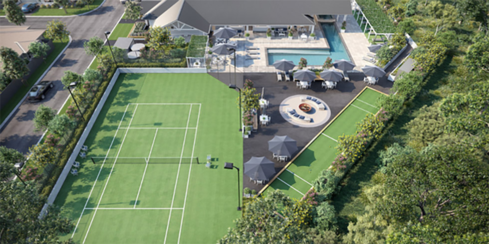 Good Life RV and Lifestyle Resorts Leisure Facilities. Aerial view of Tennis Court and Swimming Pool.