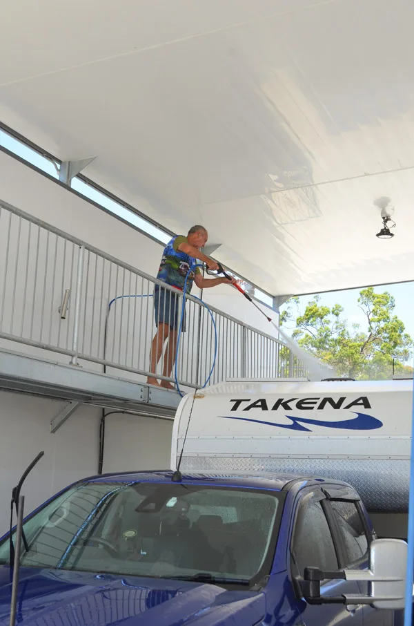 Good Life Resorts Resident using the new RV Wash Bay on the Mezzanine Level