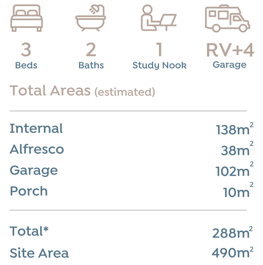 Site 53, 3 beds 2 baths 1 study nook, RV+$ 263m2