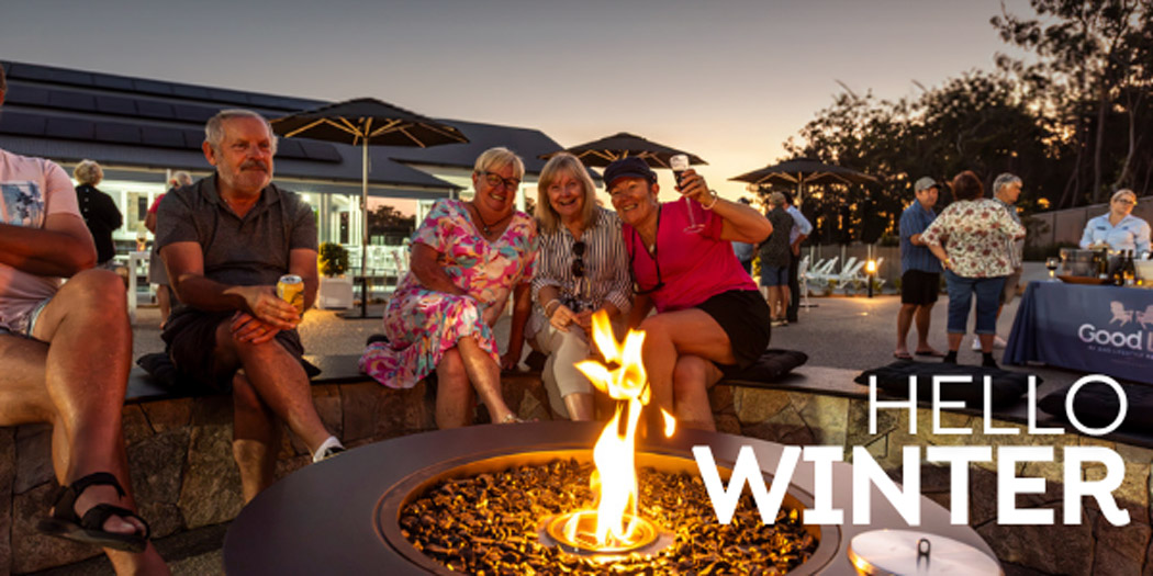 Hello Winter! Good Life Fraser Coast Home Owners enjoying a winter evening around the clubhouse fire pit.