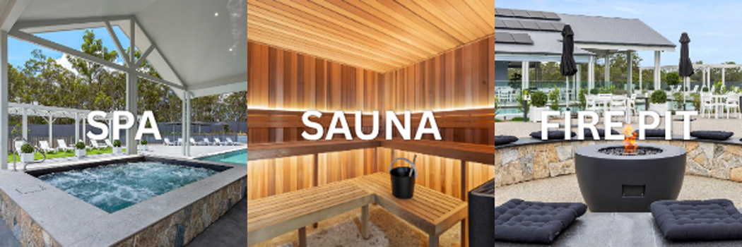Winter wellness facilities at Good Life Fraser Coast including the heated spa, sauna and clubhouse fire pit.